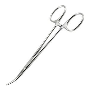 Curved Kelly hemostatic forceps made of high-polish surgical stainless steel featuring half-serrated jaws and a ratchet lock handle.