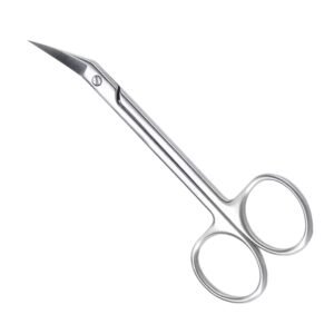 Medical-grade stainless steel wire and crown scissors featuring sharp, short blades curved upward on the flat with a heavy-duty pivot screw joint, isolated on a white background.