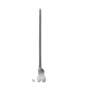 A premium stainless steel grooved director instrument featured in file 122.jpg, showcasing a flat, butterfly-shaped handle at the bottom and a long, straight shaft with a distinct guiding groove.