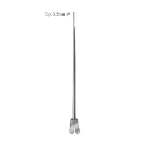 A medical-grade stainless steel grooved director instrument from file 123.jpg, featuring a flat butterfly handle at the bottom, a long straight shaft with a guiding channel, and a rounded probe tip measuring 3.5mm in diameter.