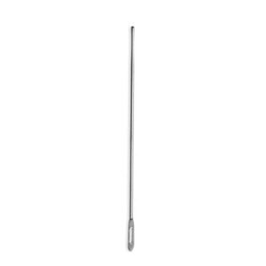 A medical-grade stainless steel surgical probe instrument from file 124.jpg, featuring a long, slim cylindrical shaft, a smooth rounded diagnostic tip at one end, and a flattened base with an integrated oblong eyelet.