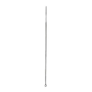A medical-grade stainless steel surgical probe from file 125.jpg, displaying a long, thin cylindrical body with a blunt diagnostic tip at the top and a small, integrated circular ring handle at the bottom.