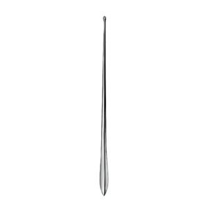 A medical-grade stainless steel surgical probe from file 126.jpg, showcasing a long, tapered cylindrical shaft with a bulbous, rounded diagnostic tip at the top and a solid, leaf-shaped flat handle base at the bottom.