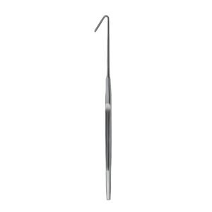 A medical-grade stainless steel surgical skin hook retractor from file 129.jpg, featuring a single, sharply angled sharp prong tip at the top, a slender neck, and a sturdy, solid flat handle base with grooved details.