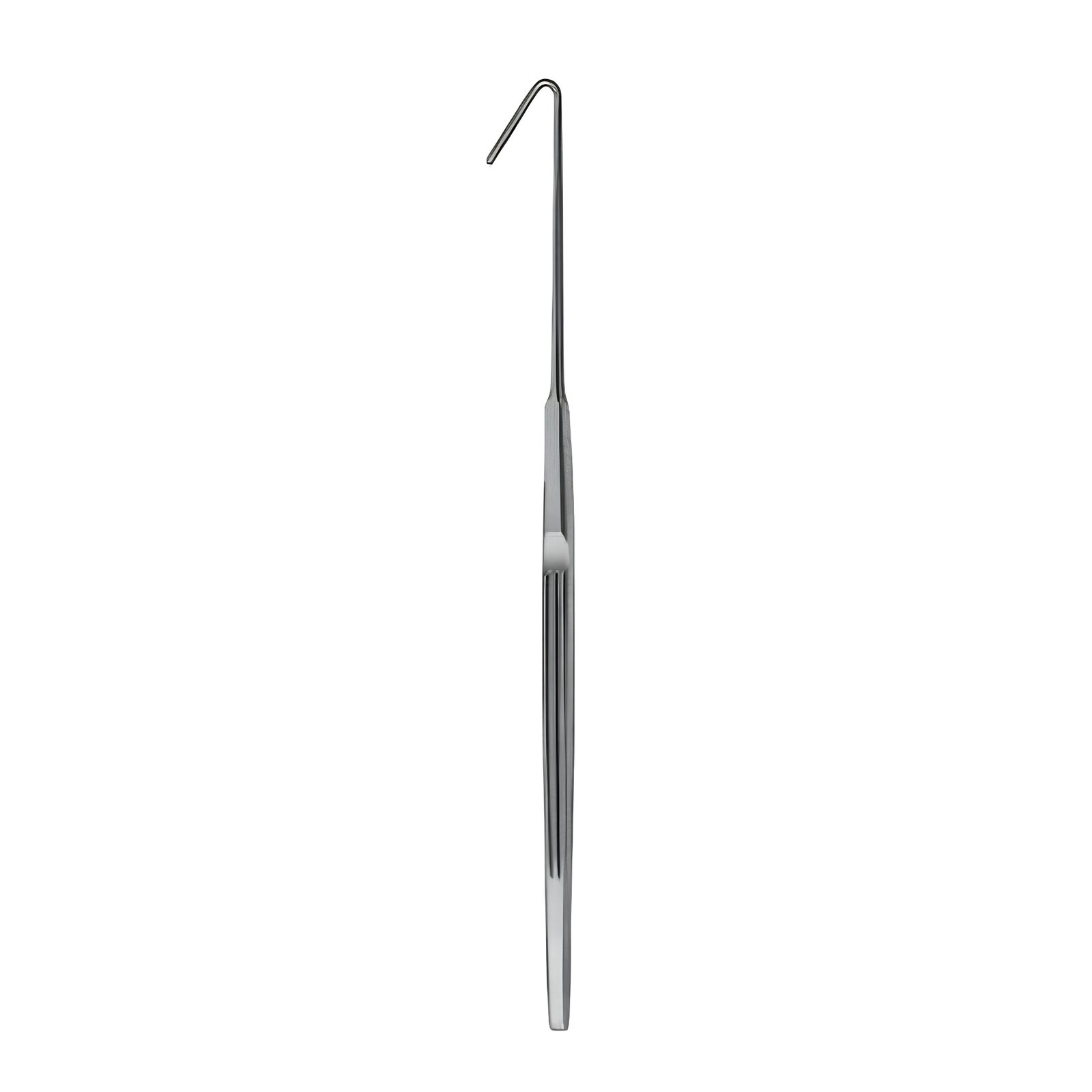 A medical-grade stainless steel surgical skin hook retractor from file 129.jpg, featuring a single, sharply angled sharp prong tip at the top, a slender neck, and a sturdy, solid flat handle base with grooved details.