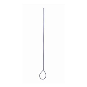 A medical-grade stainless steel surgical cotton carrier probe instrument from file 130.jpg, showcasing a long, slender cylindrical shaft with a blunt tip at the top and a distinct wire loop teardrop-shaped handle at the bottom.