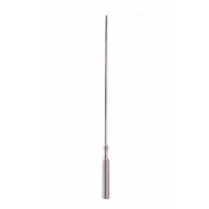 A medical-grade stainless steel threaded cotton applicator probe from file 131.jpg, featuring a finely ribbed or threaded working tip at the top, a long slender shaft, and a solid cylindrical handle at the base.