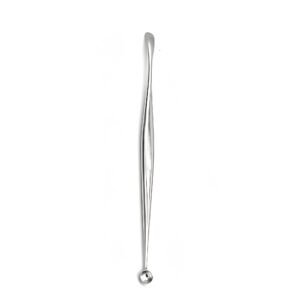 A medical-grade stainless steel double-ended surgical instrument from file 132.jpg, featuring a prominent spherical ball tip at the bottom end and a gently curved, flat diagnostic elevator blade at the top end.