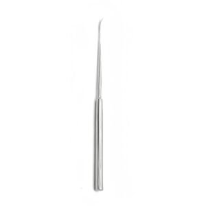 A medical-grade stainless steel dental explorer probe instrument from file 133.jpg, showcasing a fine, sharply curved diagnostic tip at the top, a tapered shaft, and a solid cylindrical handle at the base.