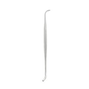 A medical-grade stainless steel double-ended surgical instrument from file 134.jpg, featuring a central handle area with a gently curved, flat elevator blade at the top and a more sharply angled, spoon-shaped dissector blade at the bottom.