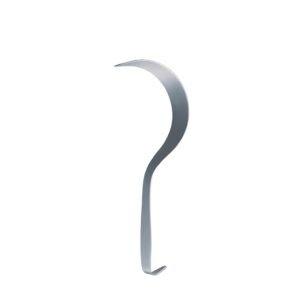 Surgical-grade stainless steel Deaver retractor featuring a classic flat strip design with a broad, sickle-curved blade and a small curved handle base, isolated on a white background.
