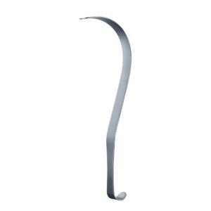 Surgical-grade stainless steel narrow Deaver retractor featuring a slim flat strip design with a deep sickle-curved blade and a heavily hooked handle base, isolated on a white background.