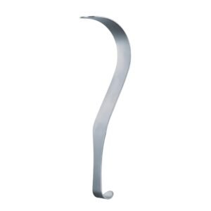 Surgical-grade stainless steel wide Deaver retractor featuring a broad flat strip design with a deep sickle-curved blade and a heavily hooked handle base, isolated on a white background.