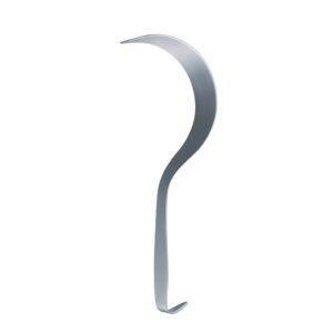 Surgical-grade stainless steel Deaver retractor featuring a traditional flat strip profile with a broad, curved sickle blade and a slightly turned hook handle base, isolated on a white background.