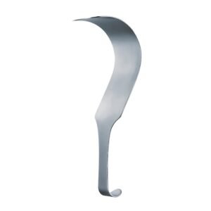 Surgical-grade stainless steel Deaver retractor featuring a distinctively wide, flared sickle-curved blade that tapers down to a narrow flat handle with a hooked base, isolated on a white background.
