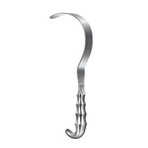 Stainless steel Deaver retractor featuring a deeply curved, smooth blade and a contoured, ergonomic grip handle, isolated on a white background.