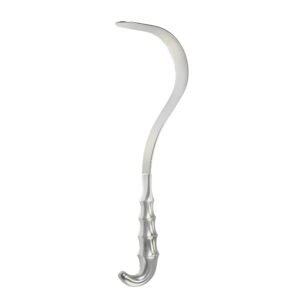 Medical-grade stainless steel Deaver retractor with a smooth, sickle-curved blade and a contoured ergonomic handle with a hook base, isolated on a white background.