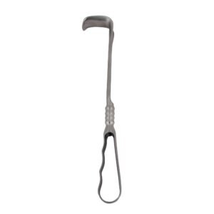 Stainless steel Doyen retractor with a right-angled, wide curved blade and a hollow, contoured teardrop handle, isolated on a white background.