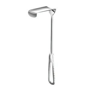 Surgical-grade stainless steel Brunner retractor with a long, right-angled, tray-shaped blade and a flat, teardrop-shaped fenestrated handle with grooved edges, isolated on a white background.