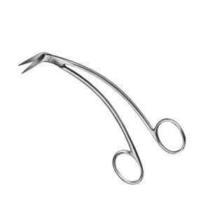 Medical-grade stainless steel nasal septum instrument featuring deeply curved shanks, an angled sharp cutting jaw, and a polished pivot joint, isolated on a white background.