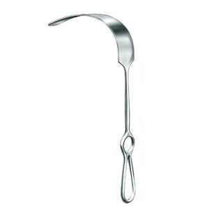 Surgical-grade stainless steel Fritsch retractor with a wide, concave curved blade and a fenestrated handle featuring an integrated finger ring loop, isolated on a white background.