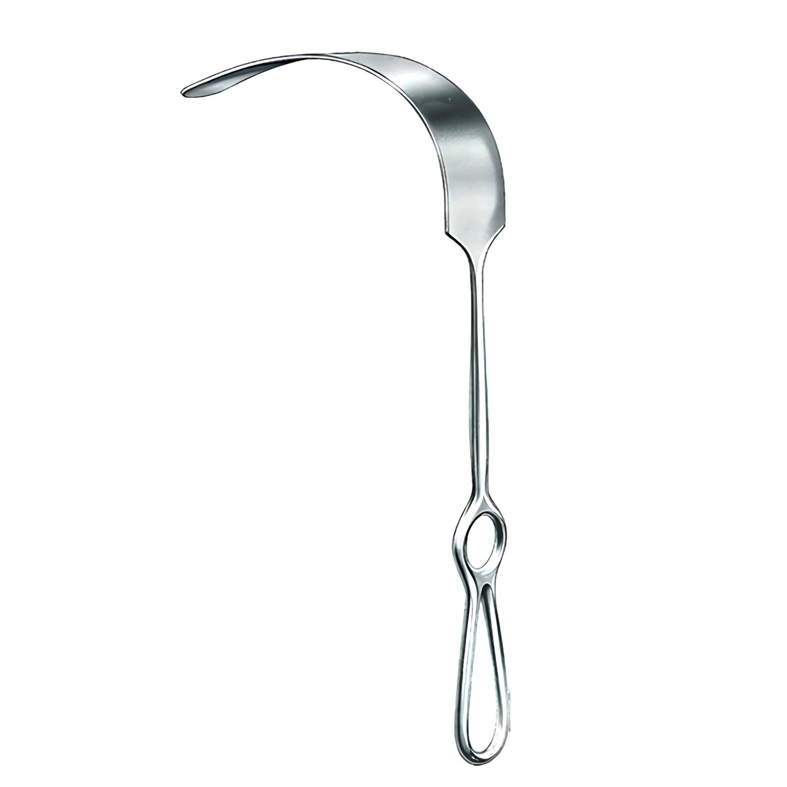 Surgical-grade stainless steel Fritsch retractor with a wide, concave curved blade and a fenestrated handle featuring an integrated finger ring loop, isolated on a white background.