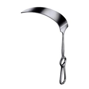 Surgical stainless steel Fritsch retractor featuring a very wide, sharply curved crescent-shaped blade and a fenestrated handle with an integrated finger ring loop, isolated on a white background.