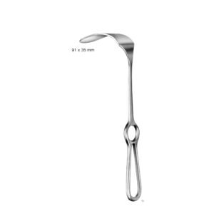 Surgical stainless steel Fritsch retractor featuring a curved $91 \times 35\text{ mm}$ blade and an ergonomic handle with a built-in finger ring loop, isolated on a white background.