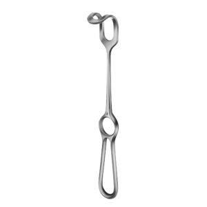 Surgical stainless steel Middeldorpf retractor featuring a curved, fenestrated scoop blade and a long shaft with an integrated finger ring handle, isolated on a white background.