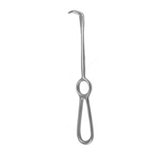 Medical grade stainless steel Middeldorpf retractor with a narrow L-shaped curved blade and a fenestrated handle with an integrated central finger ring, isolated on a white background.