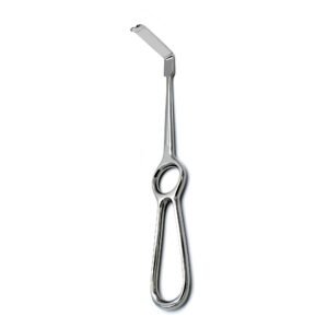 Medical-grade stainless steel Langenbeck retractor with a flat, right-angled blade, a slight terminal lip, and a fenestrated teardrop handle with an integrated central finger ring loop, isolated on a white background.