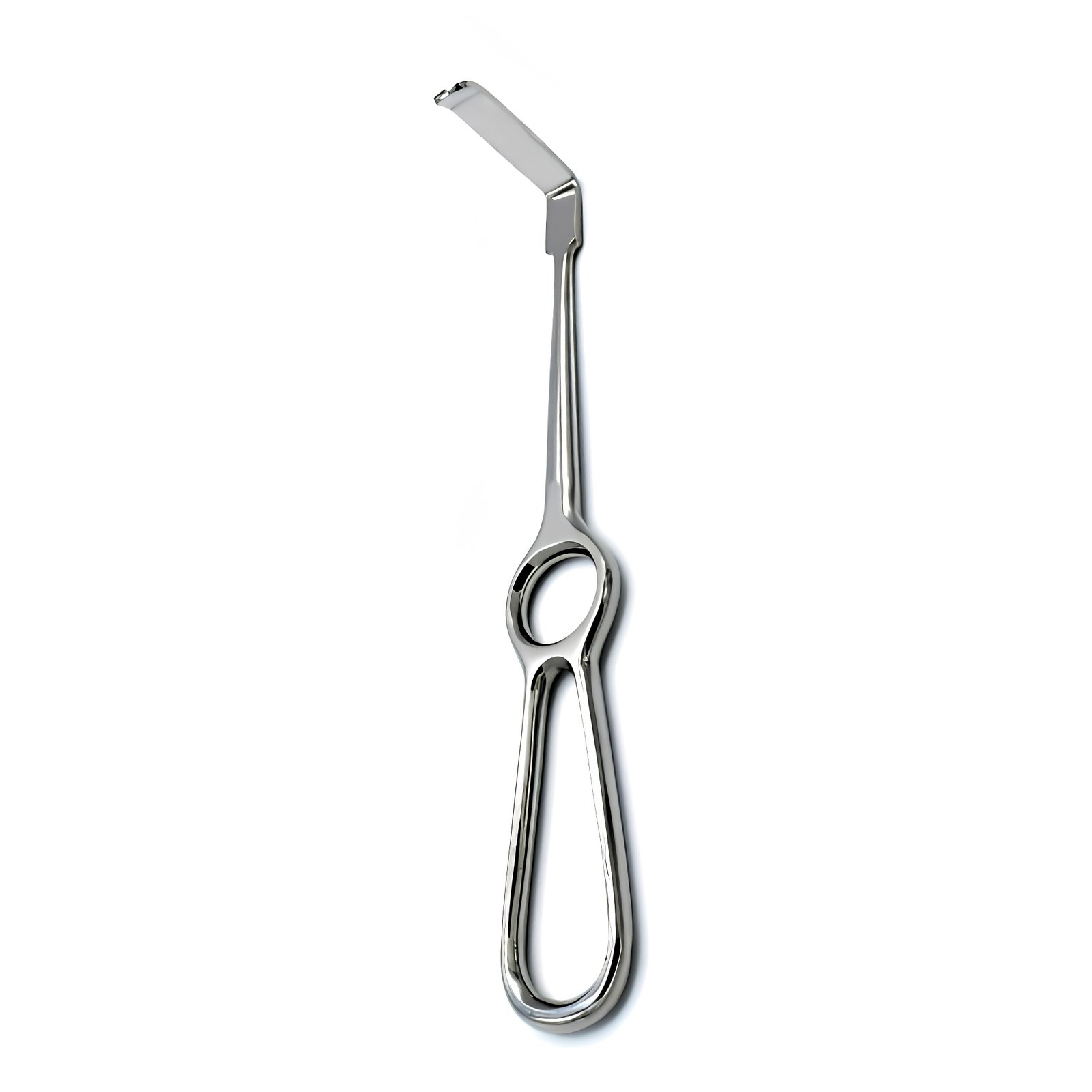 Medical-grade stainless steel Langenbeck retractor with a flat, right-angled blade, a slight terminal lip, and a fenestrated teardrop handle with an integrated central finger ring loop, isolated on a white background.