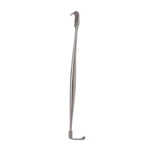 Surgical-grade stainless steel Senn-Mueller retractor featuring a double-ended design with a sharp 3-prong rake on one tip and a smooth, right-angled flat blade on the other, isolated on a white background.