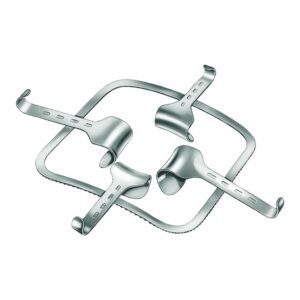 Surgical-grade stainless steel Gosset self-retaining abdominal retractor system featuring a square notched ring frame and four adjustable, interchangeable curved tissue blades, isolated on a white background.