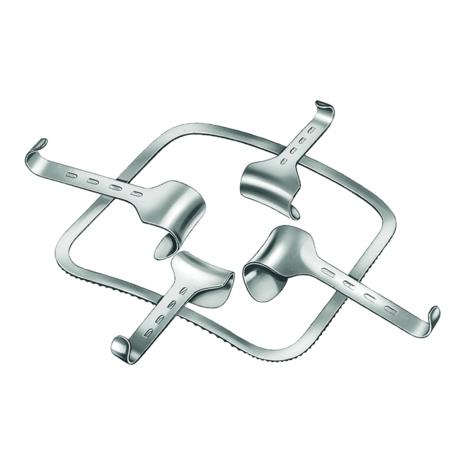Surgical-grade stainless steel Gosset self-retaining abdominal retractor system featuring a square notched ring frame and four adjustable, interchangeable curved tissue blades, isolated on a white background.