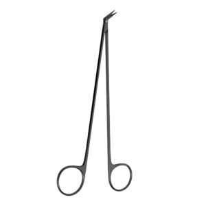 Surgical stainless steel micro-nasal scissors featuring a matte black ceramic coating, extra-long delicate shanks, and fine sharp blades angled upward, isolated on a white background.