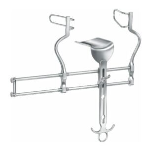 Surgical-grade stainless steel Balfour self-retaining abdominal retractor system featuring a dual-bar track frame, two wire loop-style lateral blades, and an adjustable central solid bladder blade, isolated on a white background.