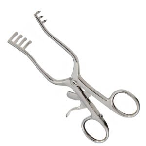 Surgical-grade stainless steel Weitlaner self-retaining retractor featuring a 3x4 pronged jaw configuration, scissor-style ring handles, and a mechanical ratchet lock mechanism, isolated on a white background.