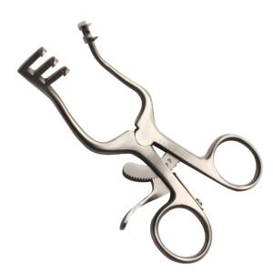 Surgical-grade stainless steel Weitlaner self-retaining retractor featuring an asymmetric 2x3 prong configuration, curved arms, scissor-style ring handles, and a mechanical ratchet lock mechanism, isolated on a white background.