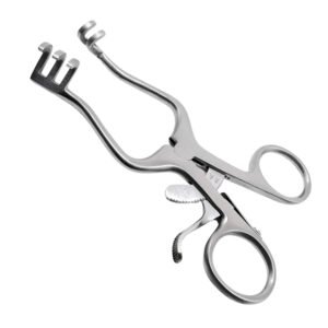 Surgical-grade stainless steel Weitlaner self-retaining retractor featuring an asymmetric 2x3 blunt prong configuration, scissor-style ring handles, and a mechanical ratchet lock mechanism, isolated on a white background.