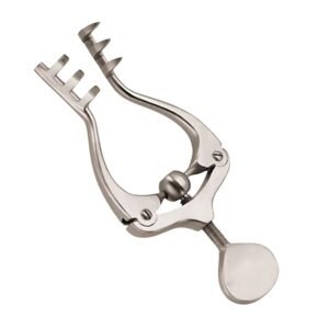 Surgical-grade stainless steel Jansen self-retaining retractor featuring an asymmetric 3x3 prong configuration, curved frame arms, and a mechanical thumbscrew expansion lock mechanism, isolated on a white background.