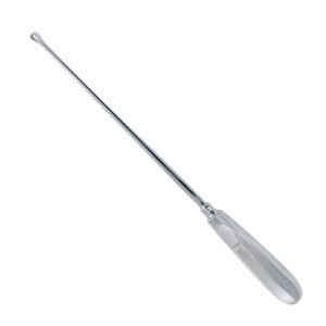 Surgical cotton applicator probe featuring an elongated slender shaft, a compact teardrop wire loop tip for secure cotton wrapping, and a smooth ergonomic handle with a textured thumb rest, made of surgical-grade stainless steel as shown in 189.jpg.
