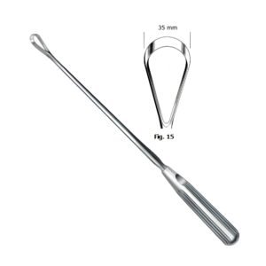 Surgical cotton applicator probe featuring an elongated slender shaft, a large 35mm wide wire loop tip designated as Fig. 15 for cotton wrapping, and a solid fluted handle grip, crafted from surgical-grade stainless steel as shown in 190.jpg.