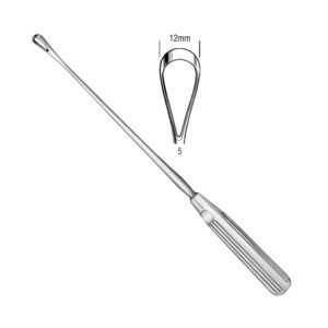 Surgical cotton applicator probe featuring an elongated slender shaft, a 12mm wide wire loop tip calibrated to size 5 for cotton wrapping, and a solid fluted handle grip, crafted from surgical-grade stainless steel as shown in 191.jpg.