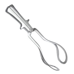 Surgical sterilizer forceps featuring broad curved loops for grasping hot instruments, a spring-action pivot joint, and short solid handles with textured stabilizing tabs, crafted from surgical-grade stainless steel as shown in 193_2.jpg.