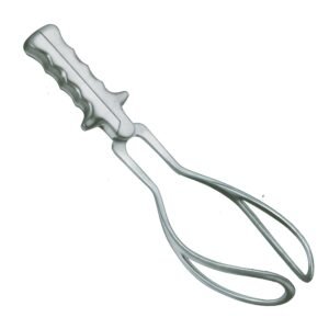 Surgical sterilizer forceps featuring broad curved loops for grasping hot instruments, a spring-action pivot joint, and short solid handles with deep ergonomic finger grooves and stabilizing tabs, crafted from surgical-grade stainless steel as shown in 194.jpg.