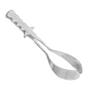 Surgical sterilizer forceps featuring wide spoon-shaped curved jaws with inner serrations for gripping hot instruments, a spring-action pivot joint, and short handles with deep ergonomic finger grooves and stabilizing tabs, crafted from surgical-grade stainless steel as shown in 195.jpg.