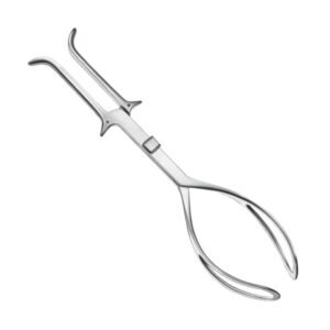 Surgical sterilizer forceps featuring wide contoured loops for grasping hot equipment, a spring-action flat joint with a center slider guide, and short outward-curved handles with distinct stabilizing horns, crafted from surgical-grade stainless steel as shown in 197.jpg.