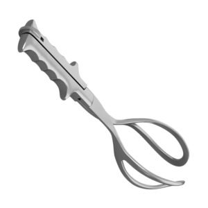 Surgical sterilizer forceps featuring broad curved loops for grasping hot equipment, a spring-action pivot joint, an adjustable knurled locking screw mechanism at the rear base, and short handles with deep ergonomic finger grooves, crafted from surgical-grade stainless steel as shown in 199.jpg.
