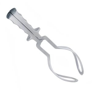 Wrigley's outlet obstetric forceps with a textured grip plier handle, self-retaining locking mechanism, and wide fenestrated curved blades, shown in the image 200.jpg on a white background.